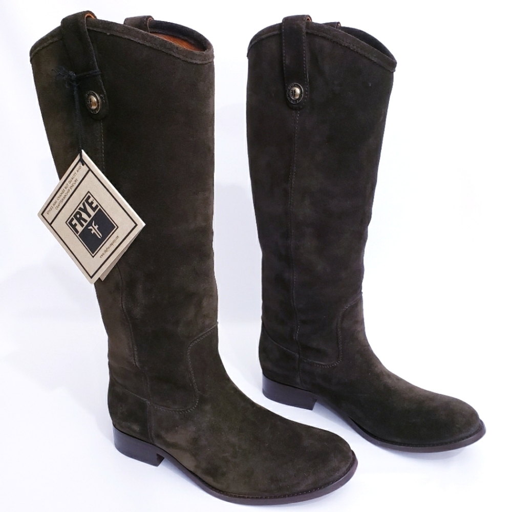 FRYE MELISSA BUTTON FOREST GREEN BROWN SUEDE BOOT